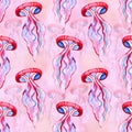 Seamless pattern with detailed transparent jellyfish. Pink and blue sea jelly on blue background. illustration