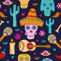 Seamless pattern for Dia de los muertos and Halloween. Sugar skulls on dark blue