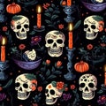 seamless pattern with a Dia de Muertos theme, featuring spooky elements such as skeletons, skulls, candles