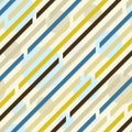 Seamless pattern. Diagonal lines with spaces. Circles on background. Mustard, blue, brown. Muted colors. Royalty Free Stock Photo