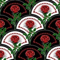 Seamless pattern with diagonal shell shaped grid, red roses with stem, strings of red beads Royalty Free Stock Photo