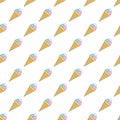 Seamless pattern with diagonally located multi-colored ice cream balls in a cone on white background. Royalty Free Stock Photo