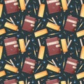 Seamless pattern with diary, pencil case, paper clips, pen, pencils on a dark background. Back to school, knowledge day