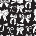 Seamless pattern with diferent white bows on black background. Hand drawn ink and inverted sketch