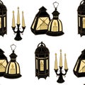 Seamless pattern. Different Arabic Lanterns or Fanous. Vector background.