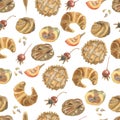 Seamless pattern with different bakery products, pumpkins, berries and seeds. Made in the technique of colored pencils. Hand drawn