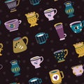Seamless pattern of different beautiful cups on a dark background. Design element. Beautiful glassware for drinks