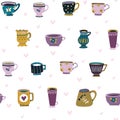 Seamless pattern of different beautiful cups on a white background. Design element. Beautiful glassware for drinks