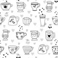 Seamless pattern of different beautiful cups on a white background. Design element. Beautiful glassware for drinks