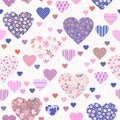 Seamless pattern with different beautiful hearts with floral and geometric ornaments. Patchwork design Royalty Free Stock Photo