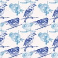 Seamless pattern with different birds drawn by hand