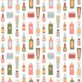 Seamless pattern of different bottles, flacons, sprays for design cosmetic products in flat vector illustration