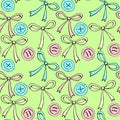 Seamless pattern with different bows, ribbons, clothes buttons. Cute fun color vector background, texture