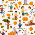 Seamless pattern different boys in an autumn jacket plays with leaves, launches a paper boat, rides a bicycle, carries pumpkins an