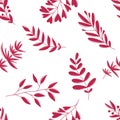 Seamless pattern with different branches with leaves berries with line in viva magenta pink color 2023 on white background. Vector