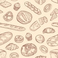 Seamless pattern with different breads and backed products hand drawn with contour lines on light background. Backdrop