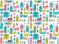 Seamless pattern with different buildings and trees. Retro urban background with houses, stores and churches.