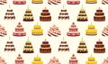 Seamless pattern with different cakes with cream for birthdays, weddings, anniversaries and other celebrations.