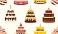 Seamless pattern with different cakes with cream for birthdays, weddings, anniversaries and other celebrations.