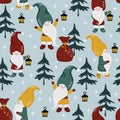 Seamless pattern with gnomes and christmas trees - vector illustration, eps Royalty Free Stock Photo