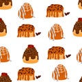 Seamless pattern with different cinnamon rolls. Cinnabon with sugar, topping, syrup, nuts. Swirl buns. Vector cartoon Royalty Free Stock Photo