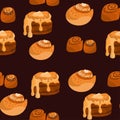 Seamless pattern with different cinnamon rolls on dark background. Cinnabon with sugar, topping, syrup, nuts. Swirl buns Royalty Free Stock Photo