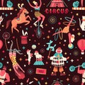 Seamless pattern with different circus artists and trained animals. Flat vector cartoon illustration of cirque