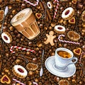 Seamless pattern with different coffee drinks and sweets on dark background. Royalty Free Stock Photo