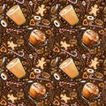 Seamless pattern with different coffee drinks and sweets on dark background. Royalty Free Stock Photo