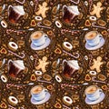 Seamless pattern with different coffee drinks and sweets on dark background. Royalty Free Stock Photo