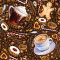 Seamless pattern with different coffee drinks and sweets on dark background. Royalty Free Stock Photo