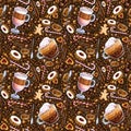 Seamless pattern with different coffee drinks and sweets on dark background. Royalty Free Stock Photo