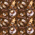 Seamless pattern with different coffee drinks and sweets on dark background. Royalty Free Stock Photo