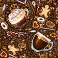 Seamless pattern with different coffee drinks and sweets on dark background. Royalty Free Stock Photo