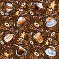 Seamless pattern with different coffee drinks and sweets on dark background. Royalty Free Stock Photo