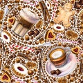 Seamless pattern with different coffee drinks and sweets on white background. Royalty Free Stock Photo