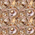 Seamless pattern with different coffee drinks and sweets on white background. Royalty Free Stock Photo