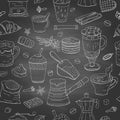 Seamless pattern with different coffee elements on chalkboard. Coffee collection