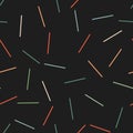 Seamless pattern different color thin sticks in random position on black background, memphis pattern