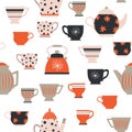Seamless pattern from different colored cups. Tea, coffee, drinks. Perfect for wallpapers, gift paper, greeting cards, fabrics,
