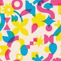 Seamless pattern with different colored shapes in risograph style. Vector graphics Royalty Free Stock Photo