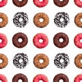 Seamless pattern different colorful donuts on white background isolated top view, donut repeating ornament, bagels wallpaper Royalty Free Stock Photo