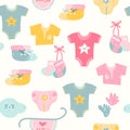 Seamless pattern with different colors baby prams, vintage simple style.
