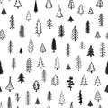 Seamless pattern with different conifer pine fir doodle xmas trees