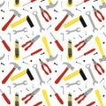 Seamless pattern of different construction instruments. Working tools and repair equipment. Background vector illustration