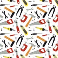 Seamless pattern of different construction instruments. Working tools and repair equipment. Background vector illustration