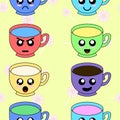 Seamless pattern with different cup emoticons. Good fabric design and wrapping paper.Colored kawaii doodle cups character.