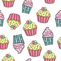 Seamless pattern with different cupcakes on white background. Cupcake background. Sweet pattern for wedding, birhday