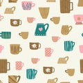 Seamless pattern with different cups of tea illustrations on light background for design. Home decorations isolated Royalty Free Stock Photo