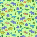 Seamless pattern with different cute dinosaurs, mountauns